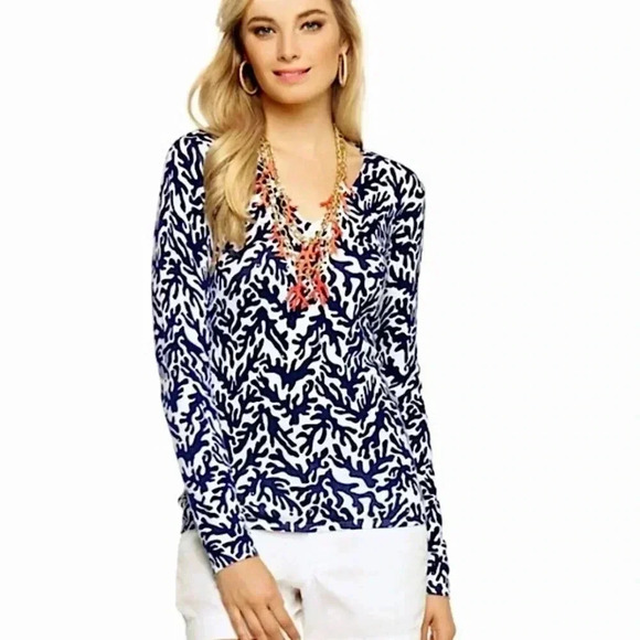 Lily Pulitzer Adelaide V Neck Sweater Navy Blue White Corral Nautical Coastal - Picture 1 of 11